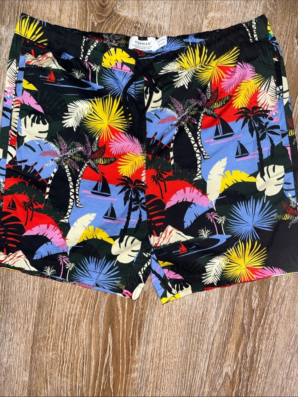 Topman Black Tropical Palm Print Swim Trunks with Multicolor Accents